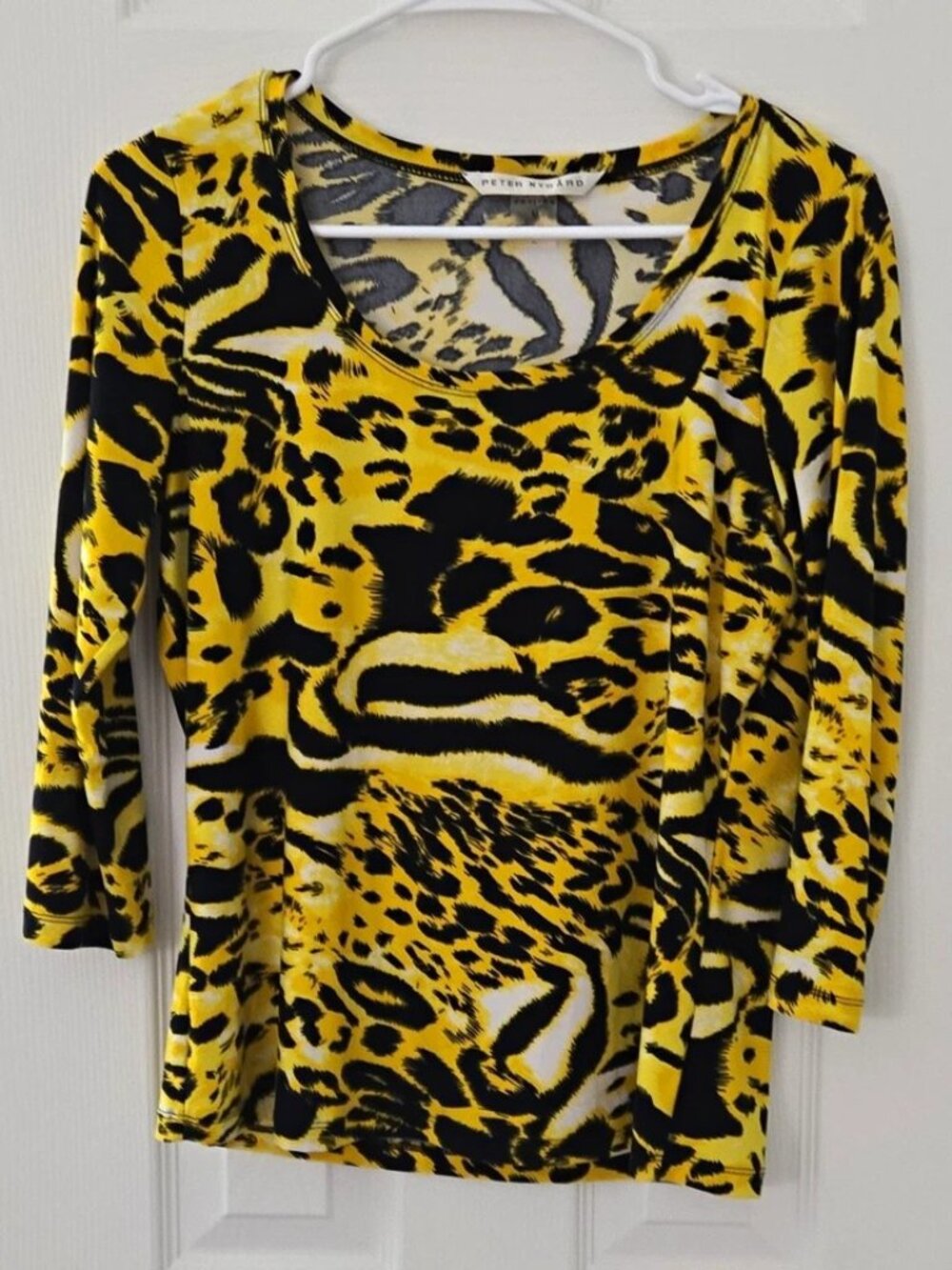 Peter Nygard Women's Petites PM Yellow & Black Animal Print Knit Top, 3/4 Sleeve